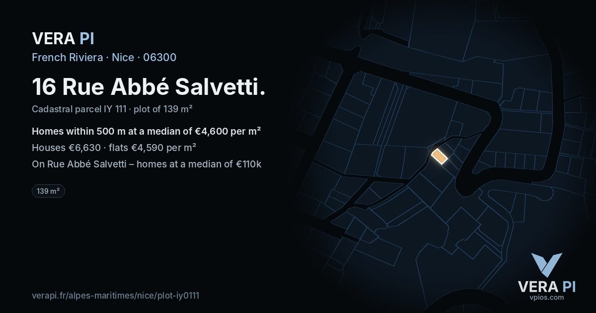 16 Rue Abbé Salvetti, Nice at night – the plot lit, the parcels around coloured by the prices near them