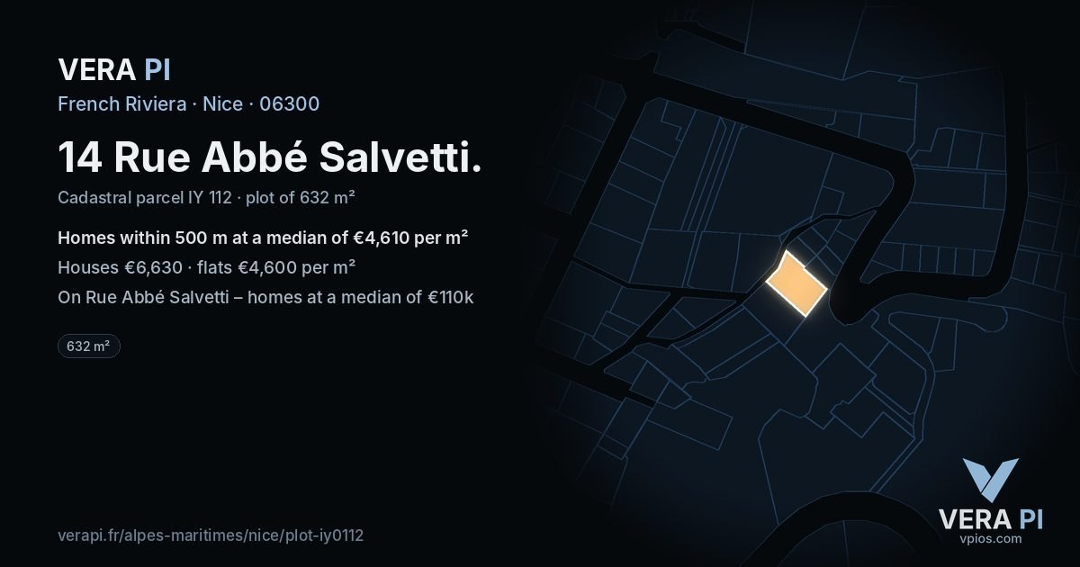14 Rue Abbé Salvetti, Nice at night – the plot lit, the parcels around coloured by the prices near them