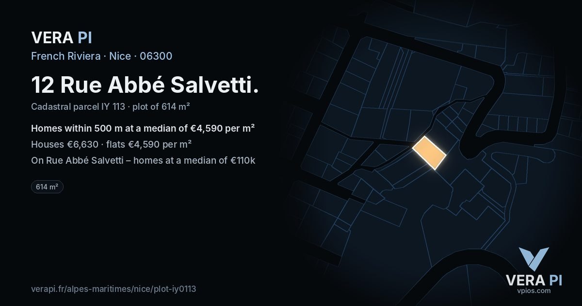12 Rue Abbé Salvetti, Nice at night – the plot lit, the parcels around coloured by the prices near them