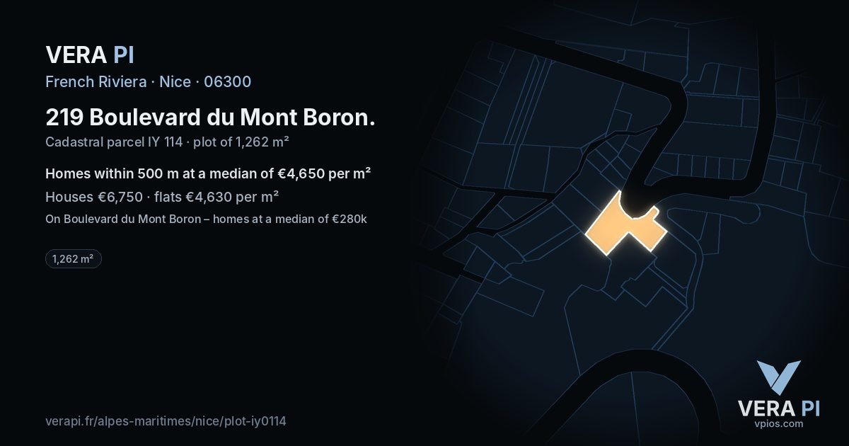 219 Boulevard du Mont Boron, Nice at night – the plot lit, the parcels around coloured by the prices near them