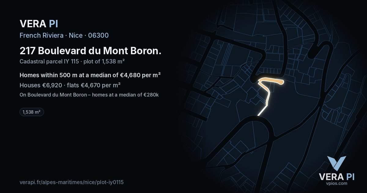 217 Boulevard du Mont Boron, Nice at night – the plot lit, the parcels around coloured by the prices near them