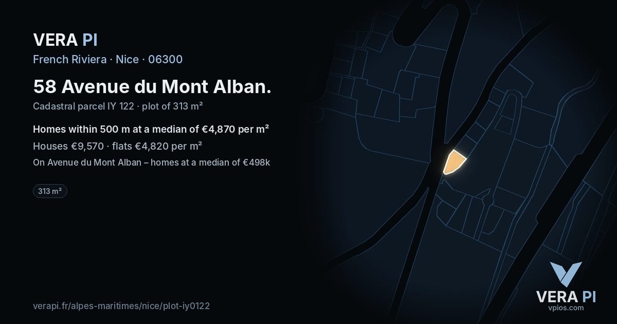 58 Avenue du Mont Alban, Nice at night – the plot lit, the parcels around coloured by the prices near them