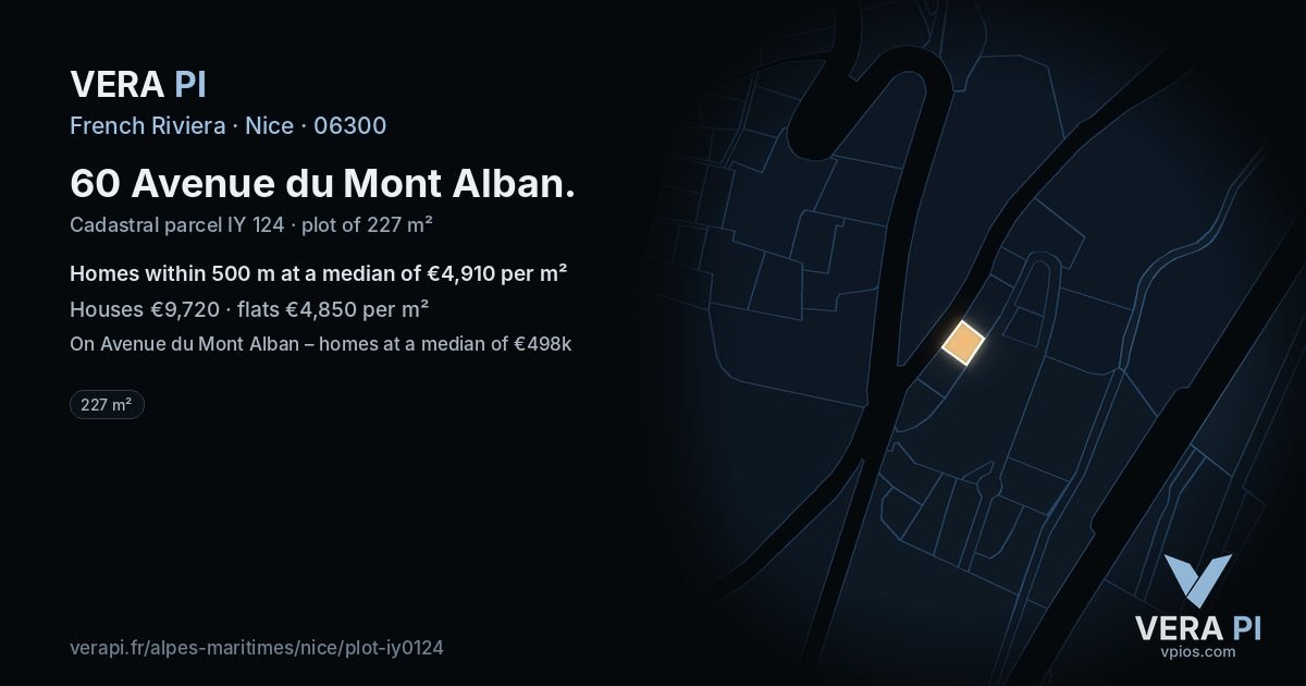 60 Avenue du Mont Alban, Nice at night – the plot lit, the parcels around coloured by the prices near them