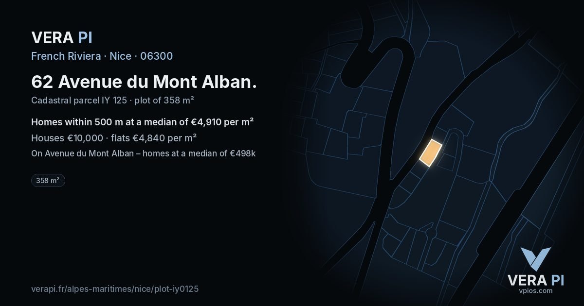 62 Avenue du Mont Alban, Nice at night – the plot lit, the parcels around coloured by the prices near them
