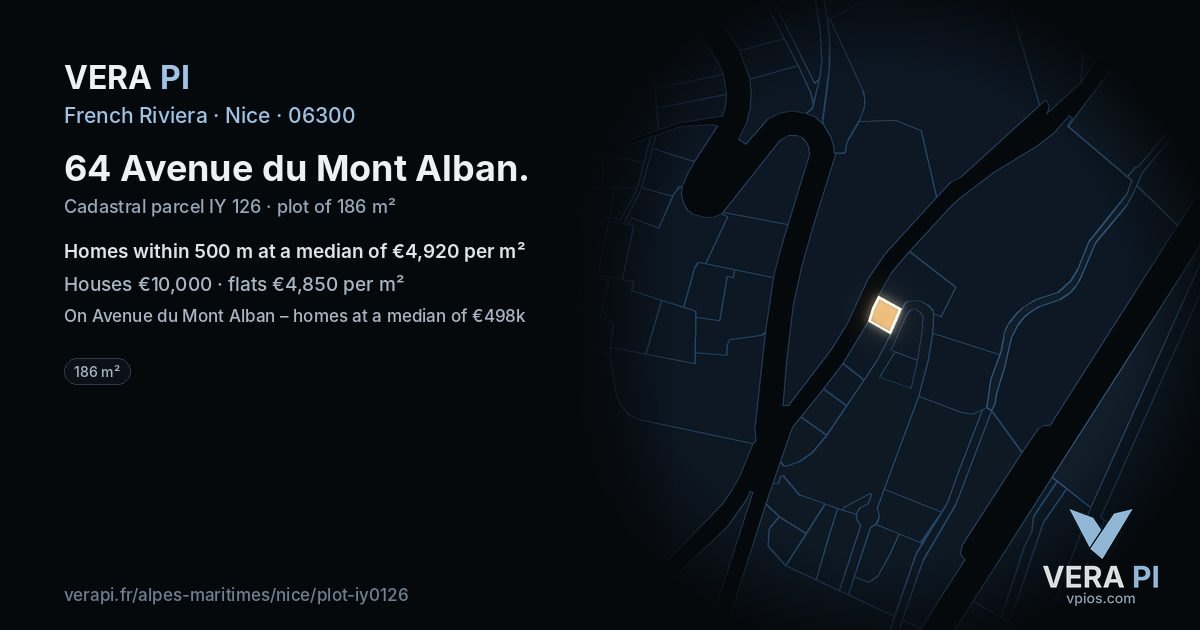 64 Avenue du Mont Alban, Nice at night – the plot lit, the parcels around coloured by the prices near them