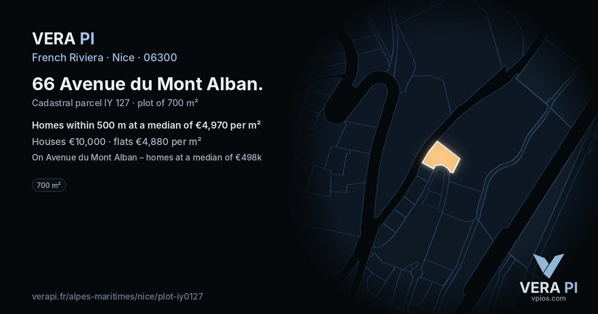 66 Avenue du Mont Alban, Nice at night – the plot lit, the parcels around coloured by the prices near them