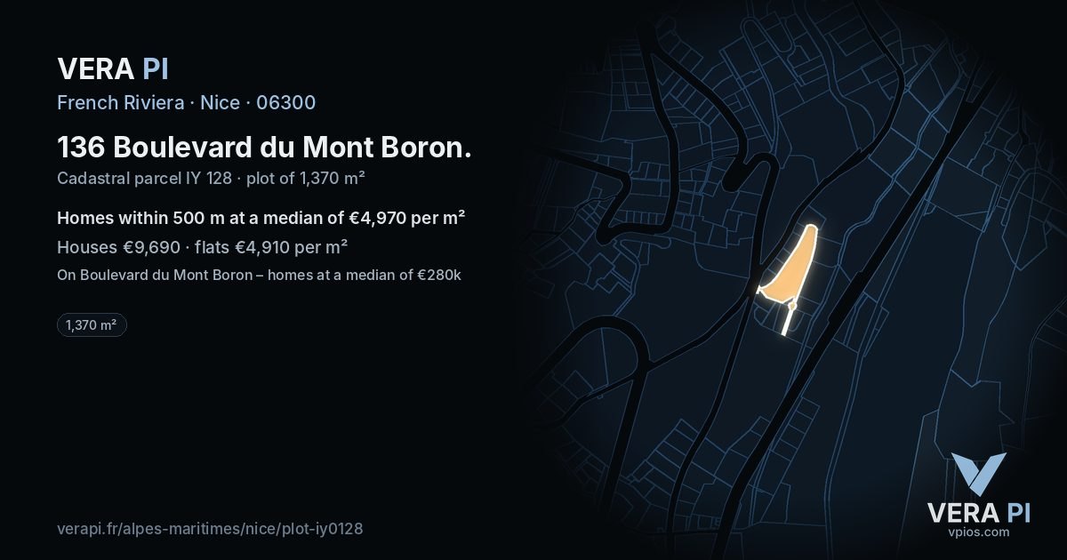 136 Boulevard du Mont Boron, Nice at night – the plot lit, the parcels around coloured by the prices near them