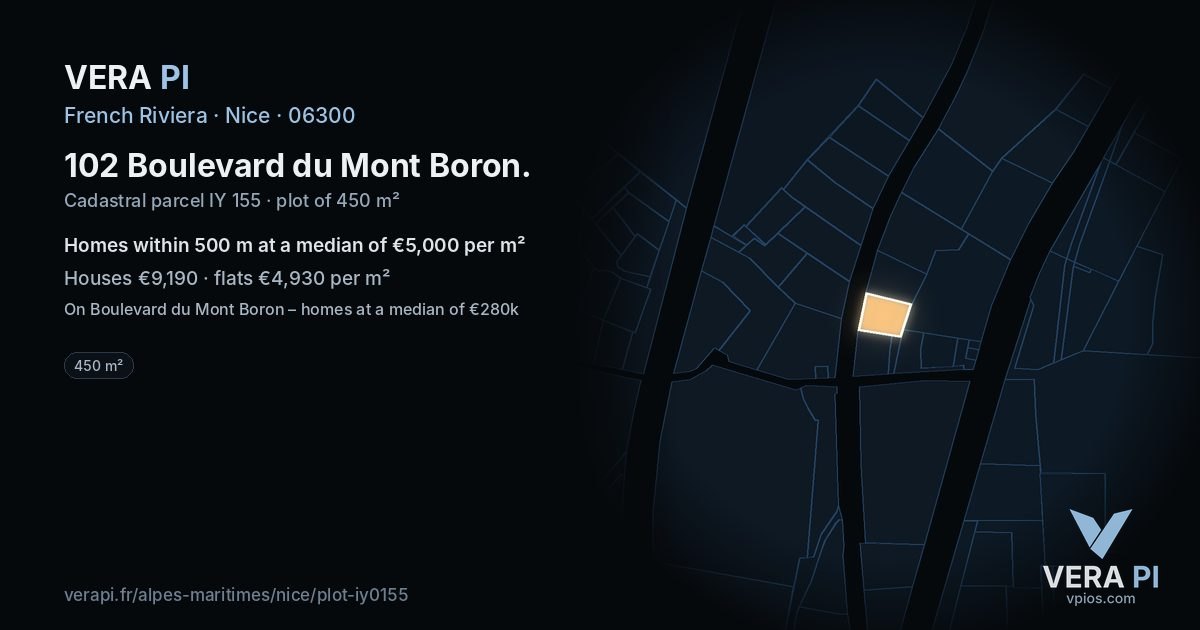102 Boulevard du Mont Boron, Nice at night – the plot lit, the parcels around coloured by the prices near them