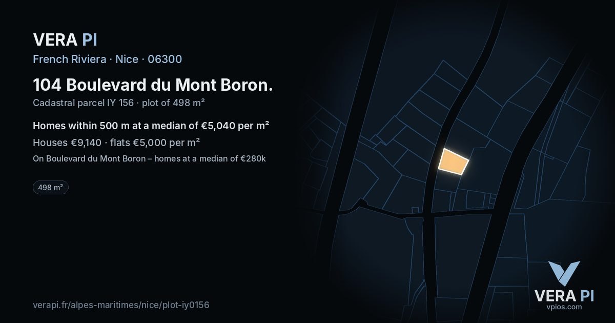 104 Boulevard du Mont Boron, Nice at night – the plot lit, the parcels around coloured by the prices near them