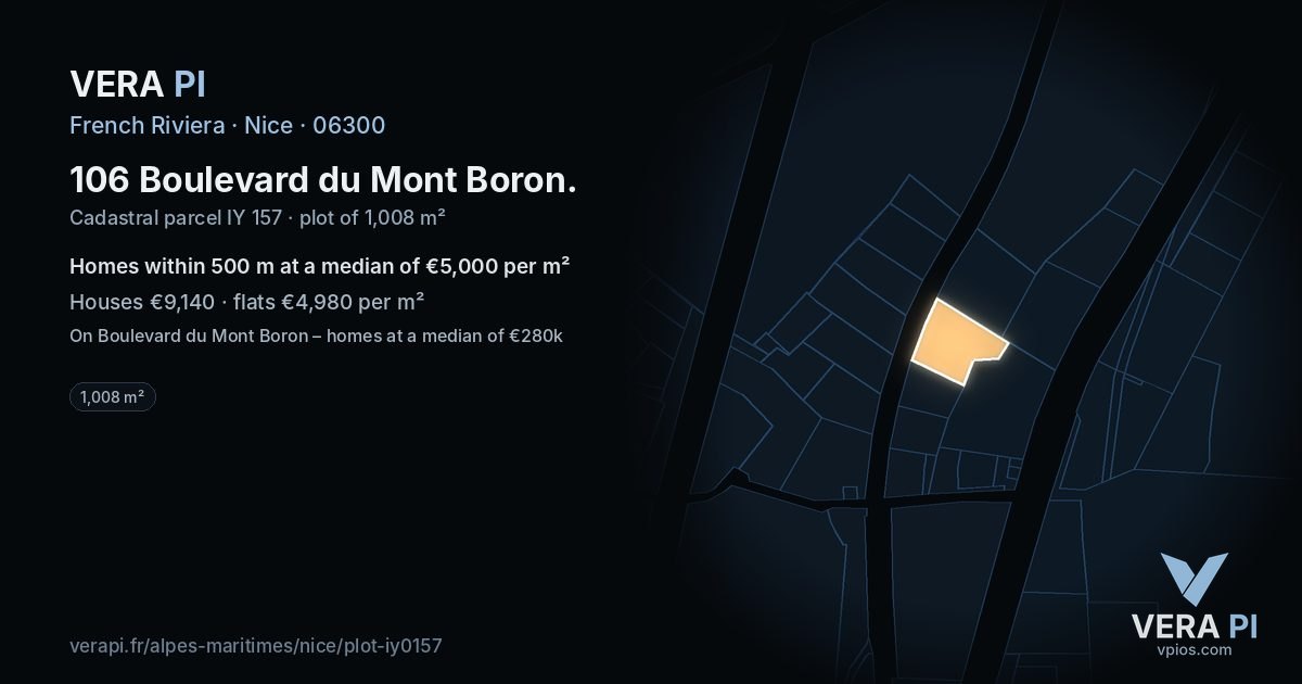 106 Boulevard du Mont Boron, Nice at night – the plot lit, the parcels around coloured by the prices near them