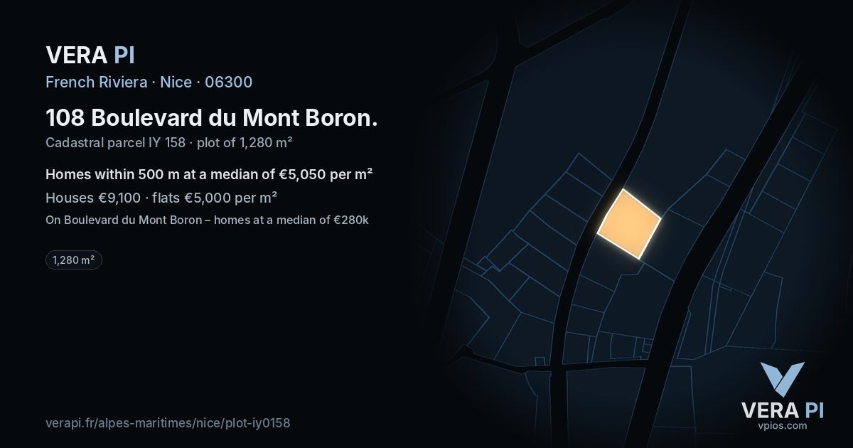 108 Boulevard du Mont Boron, Nice at night – the plot lit, the parcels around coloured by the prices near them