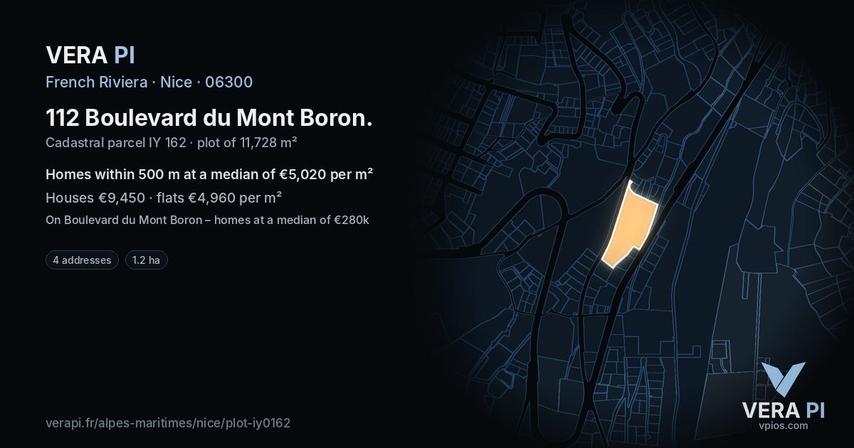 112 Boulevard du Mont Boron, Nice at night – the plot lit, the parcels around coloured by the prices near them