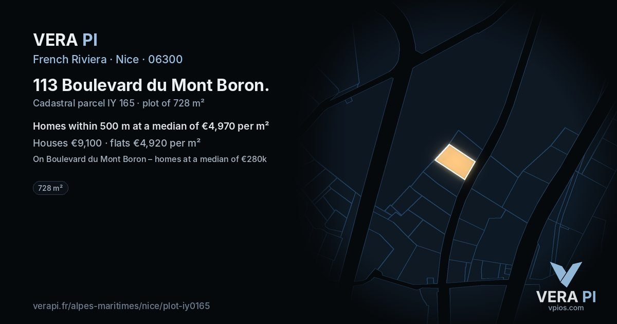 113 Boulevard du Mont Boron, Nice at night – the plot lit, the parcels around coloured by the prices near them