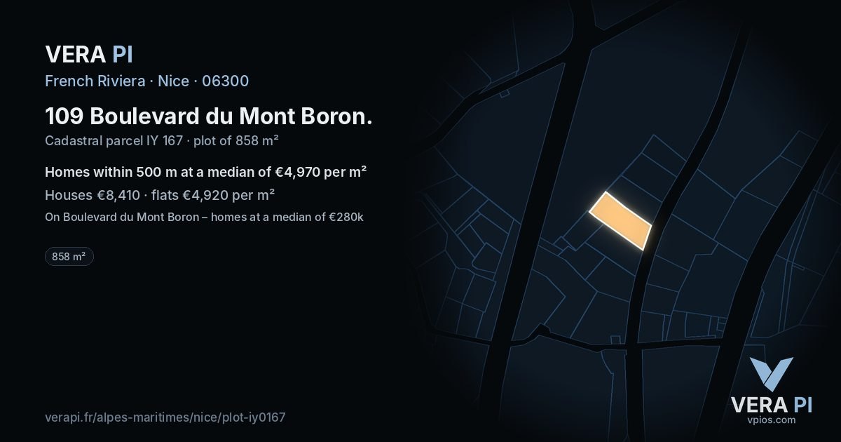109 Boulevard du Mont Boron, Nice at night – the plot lit, the parcels around coloured by the prices near them