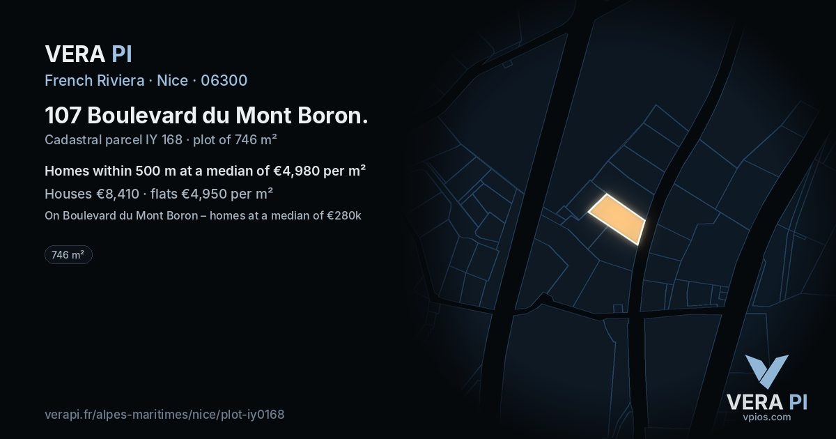 107 Boulevard du Mont Boron, Nice at night – the plot lit, the parcels around coloured by the prices near them