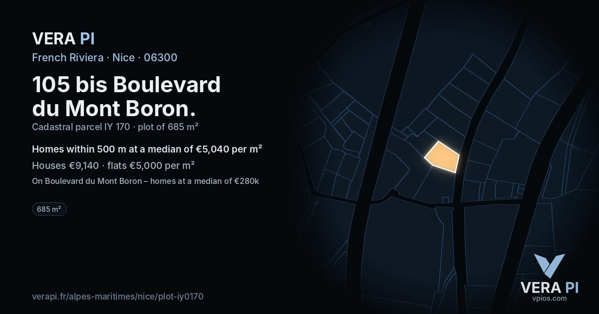 105 bis Boulevard du Mont Boron, Nice at night – the plot lit, the parcels around coloured by the prices near them