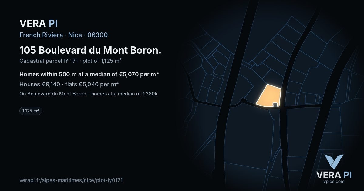 105 Boulevard du Mont Boron, Nice at night – the plot lit, the parcels around coloured by the prices near them