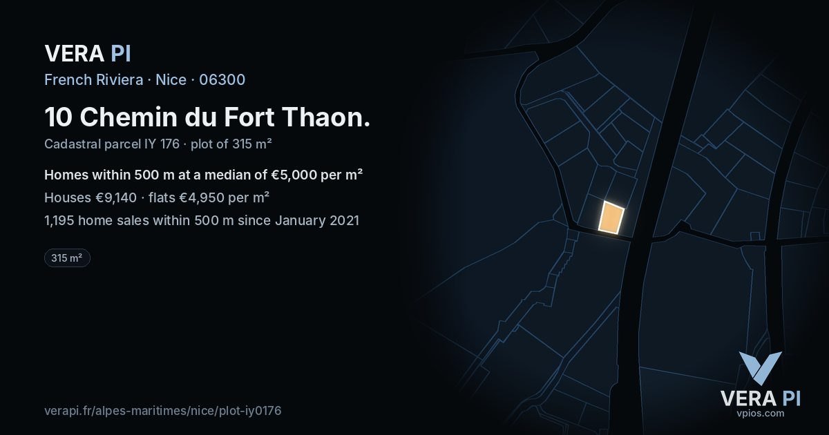 10 Chemin du Fort Thaon, Nice at night – the plot lit, the parcels around coloured by the prices near them