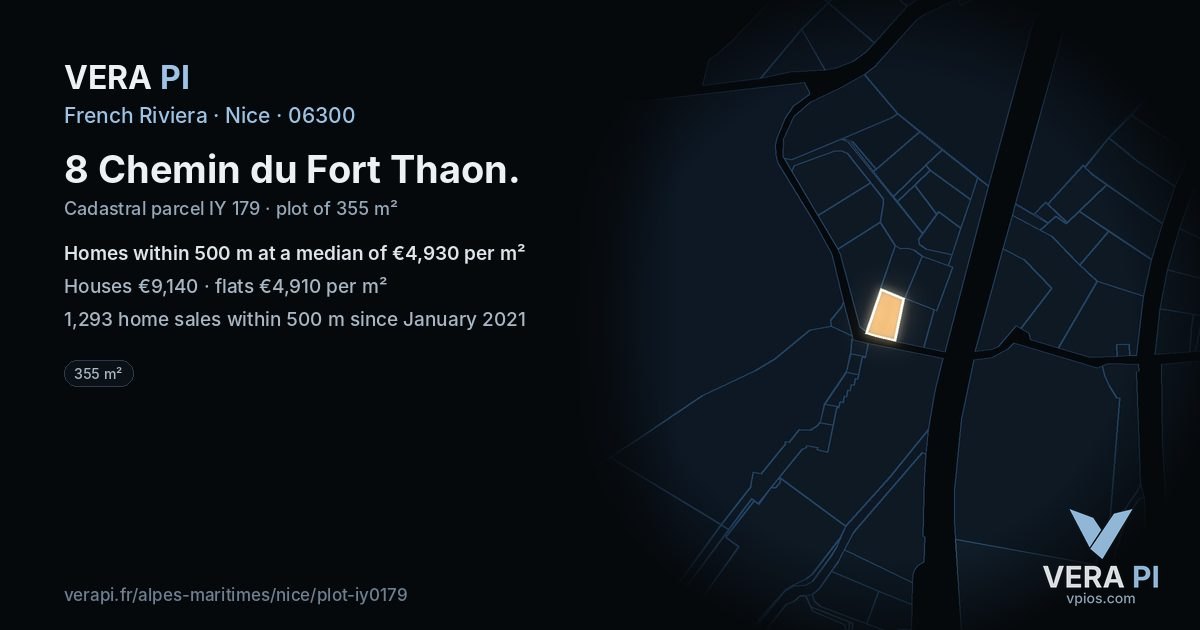 8 Chemin du Fort Thaon, Nice at night – the plot lit, the parcels around coloured by the prices near them