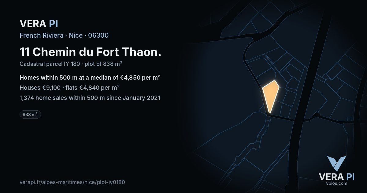 11 Chemin du Fort Thaon, Nice at night – the plot lit, the parcels around coloured by the prices near them
