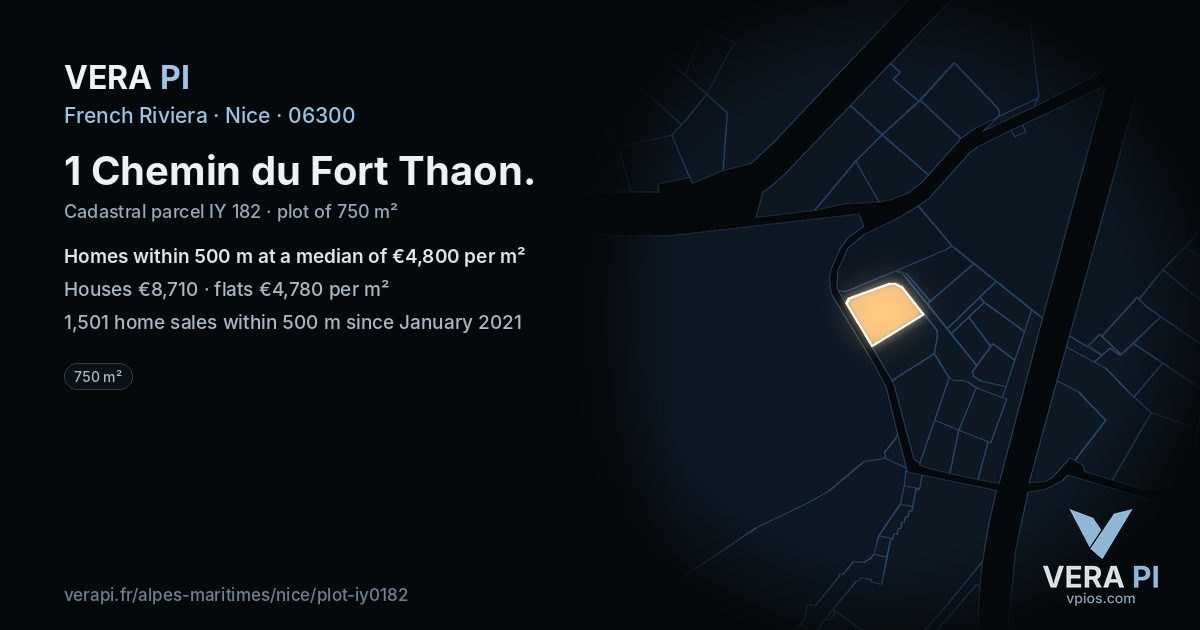 1 Chemin du Fort Thaon, Nice at night – the plot lit, the parcels around coloured by the prices near them