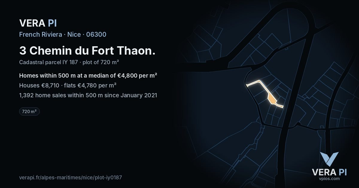 3 Chemin du Fort Thaon, Nice at night – the plot lit, the parcels around coloured by the prices near them