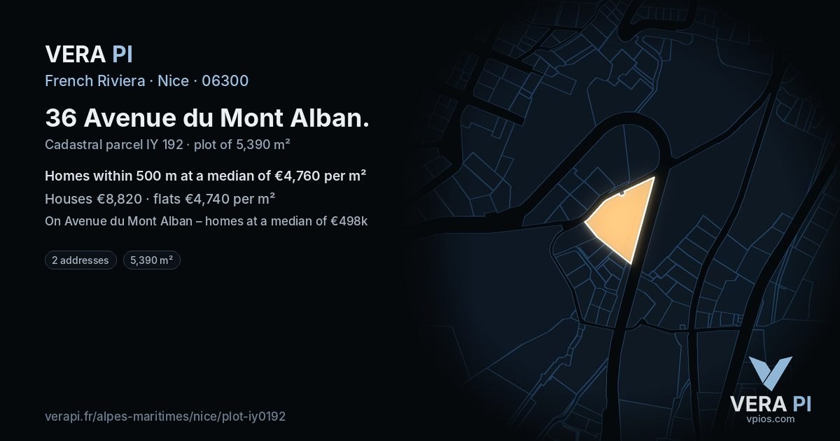36 Avenue du Mont Alban, Nice at night – the plot lit, the parcels around coloured by the prices near them