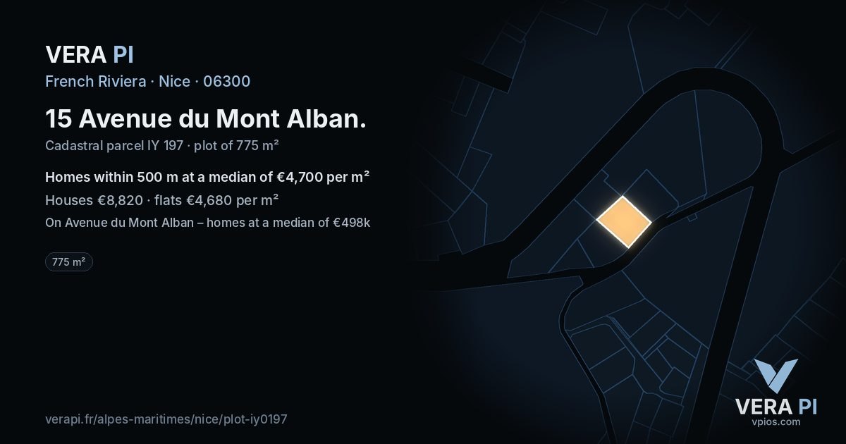 15 Avenue du Mont Alban, Nice at night – the plot lit, the parcels around coloured by the prices near them