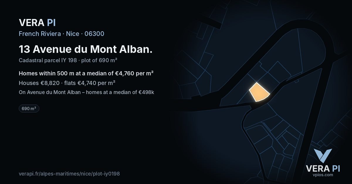 13 Avenue du Mont Alban, Nice at night – the plot lit, the parcels around coloured by the prices near them
