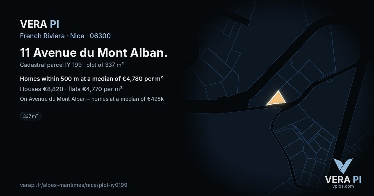 11 Avenue du Mont Alban, Nice at night – the plot lit, the parcels around coloured by the prices near them