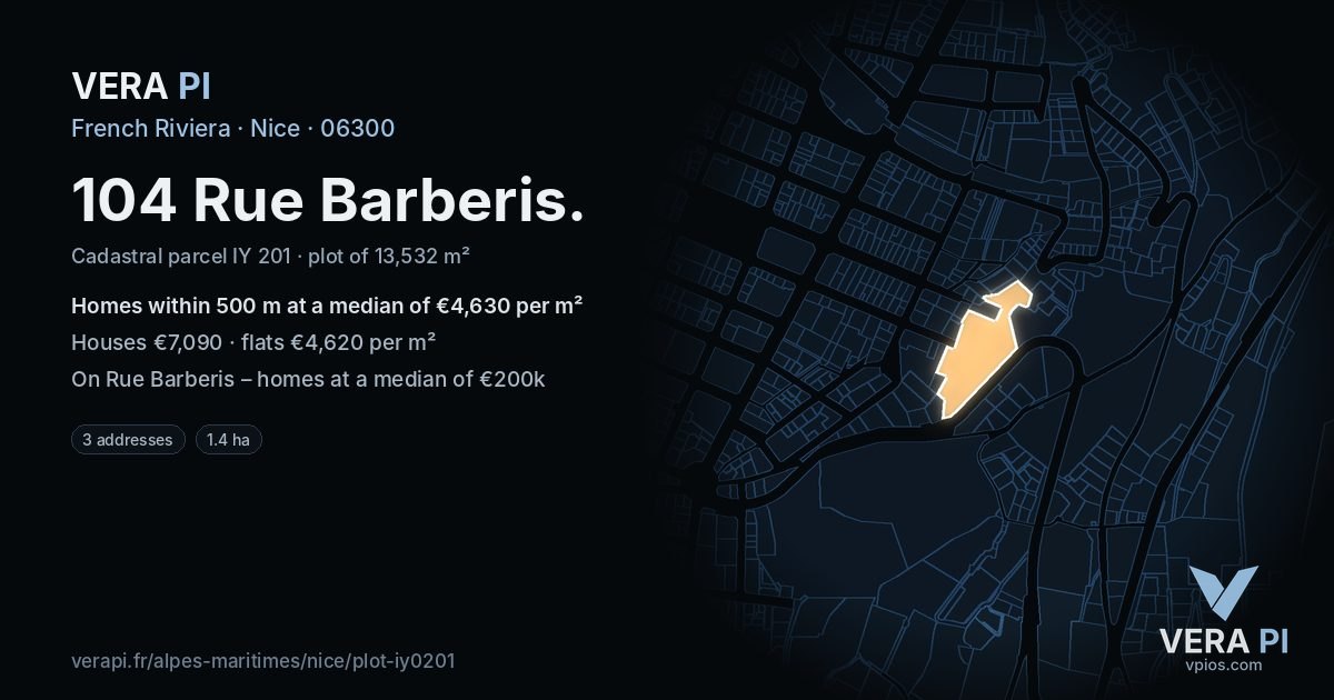 104 Rue Barberis, Nice at night – the plot lit, the parcels around coloured by the prices near them