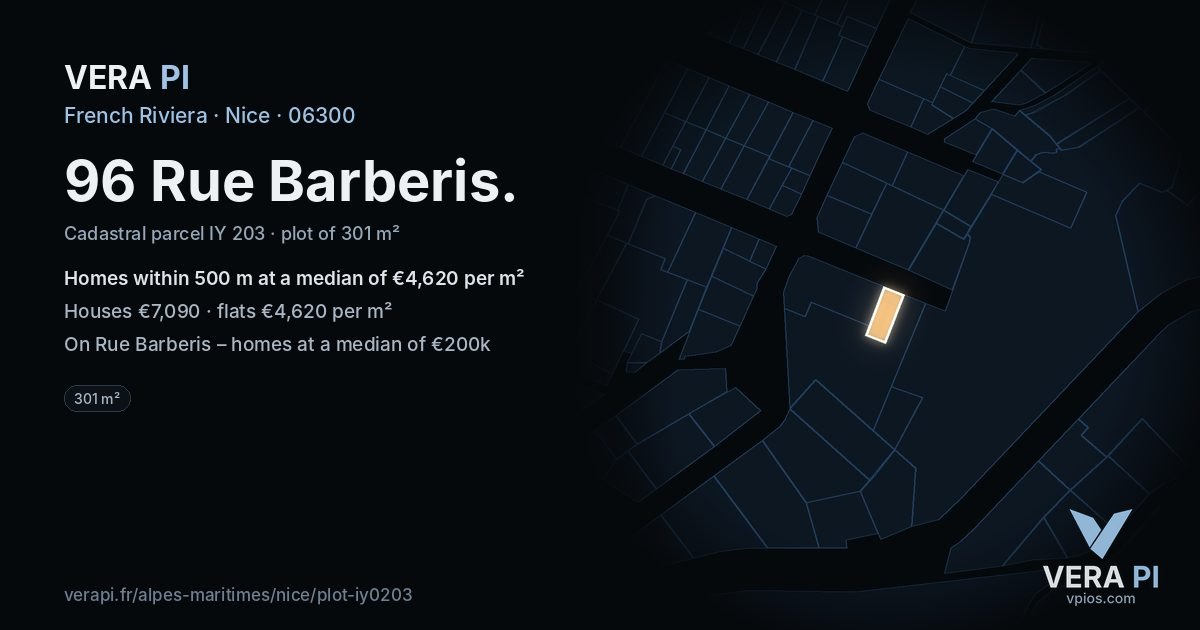 96 Rue Barberis, Nice at night – the plot lit, the parcels around coloured by the prices near them