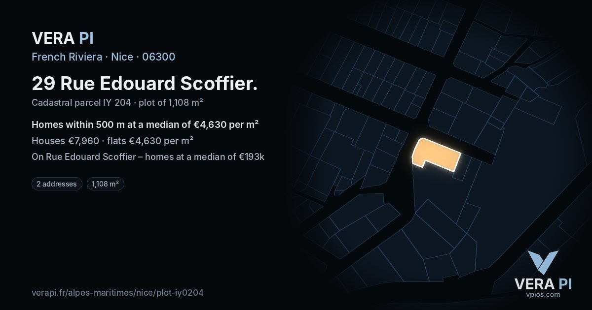 29 Rue Edouard Scoffier, Nice at night – the plot lit, the parcels around coloured by the prices near them