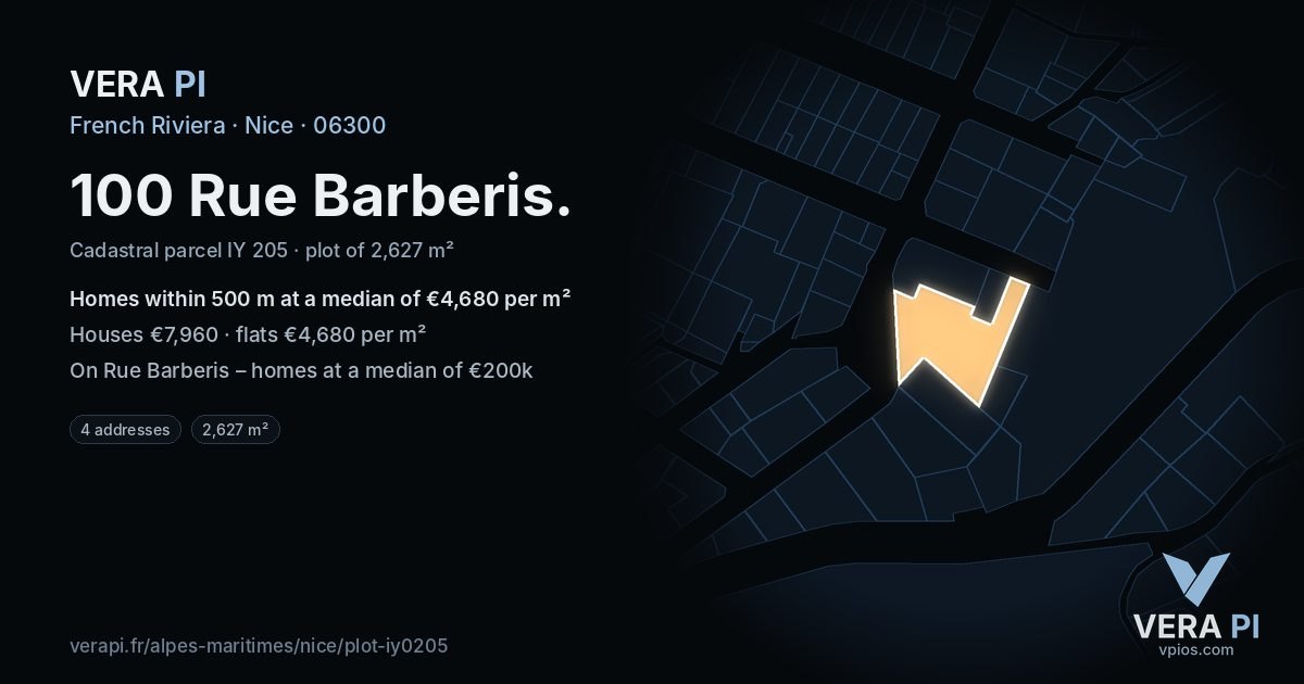 100 Rue Barberis, Nice at night – the plot lit, the parcels around coloured by the prices near them