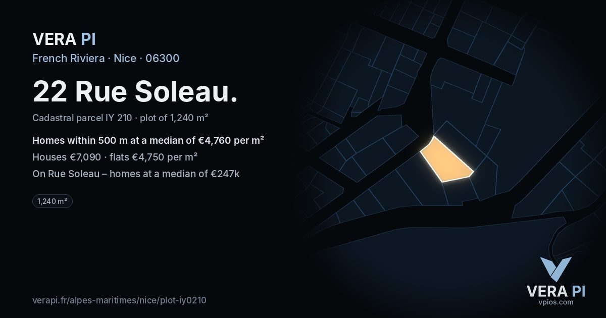 22 Rue Soleau, Nice at night – the plot lit, the parcels around coloured by the prices near them
