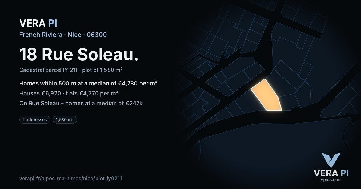 18 Rue Soleau, Nice at night – the plot lit, the parcels around coloured by the prices near them