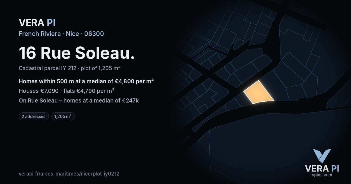 16 Rue Soleau, Nice at night – the plot lit, the parcels around coloured by the prices near them