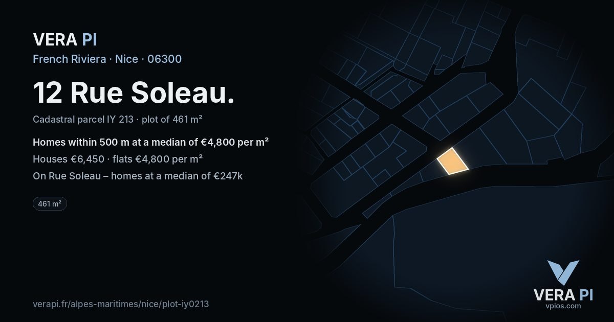 12 Rue Soleau, Nice at night – the plot lit, the parcels around coloured by the prices near them