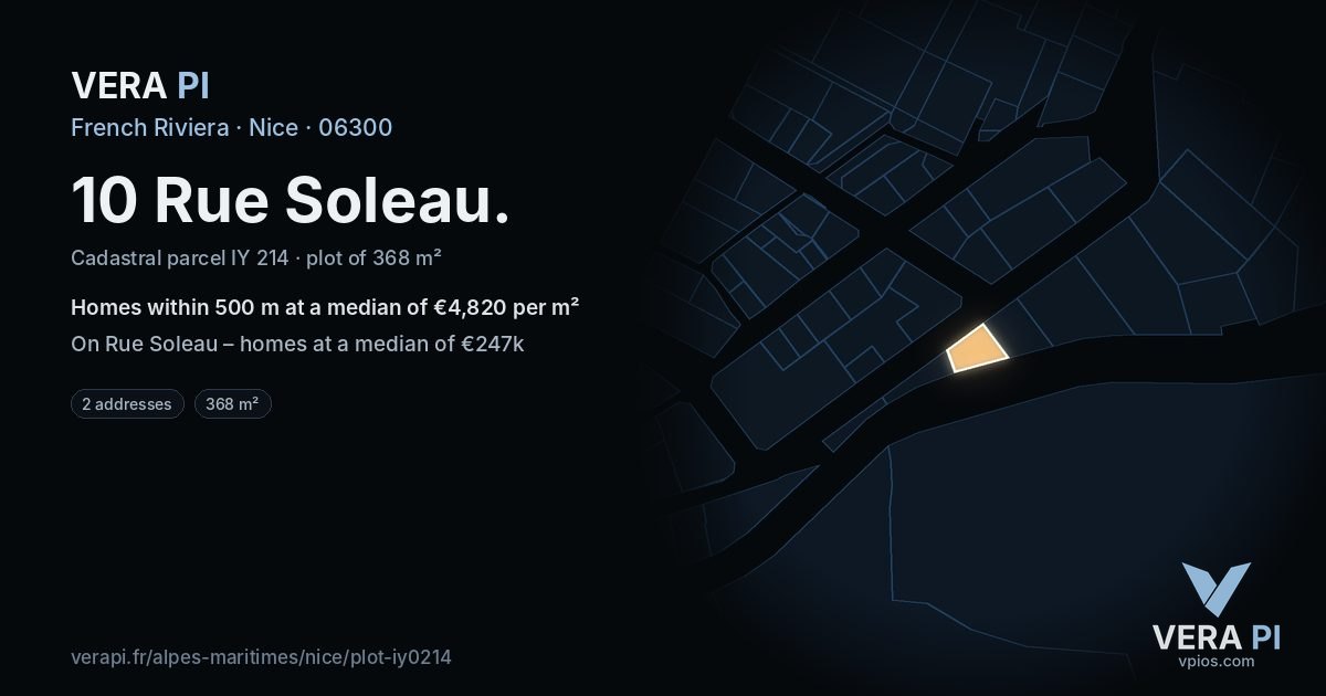 10 Rue Soleau, Nice at night – the plot lit, the parcels around coloured by the prices near them