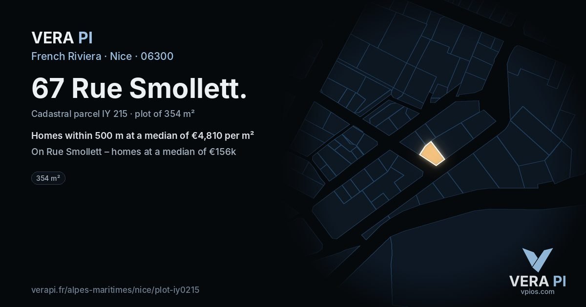 67 Rue Smollett, Nice at night – the plot lit, the parcels around coloured by the prices near them