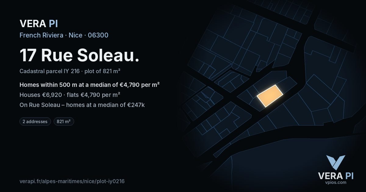 17 Rue Soleau, Nice at night – the plot lit, the parcels around coloured by the prices near them