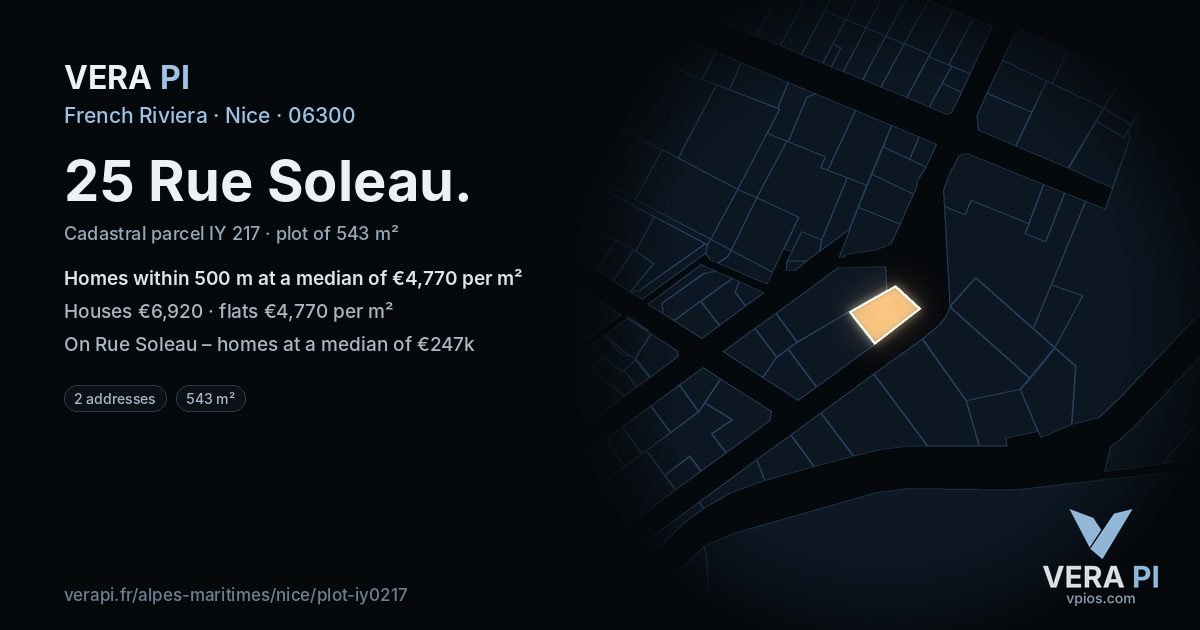 25 Rue Soleau, Nice at night – the plot lit, the parcels around coloured by the prices near them