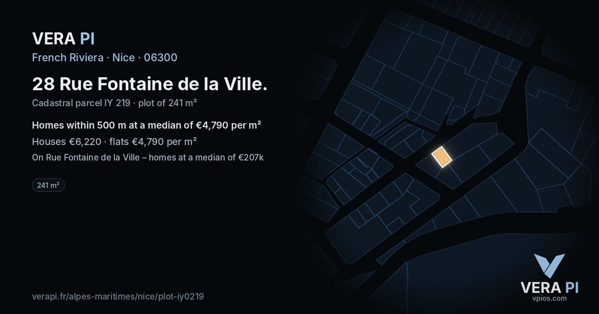 28 Rue Fontaine de la Ville, Nice at night – the plot lit, the parcels around coloured by the prices near them