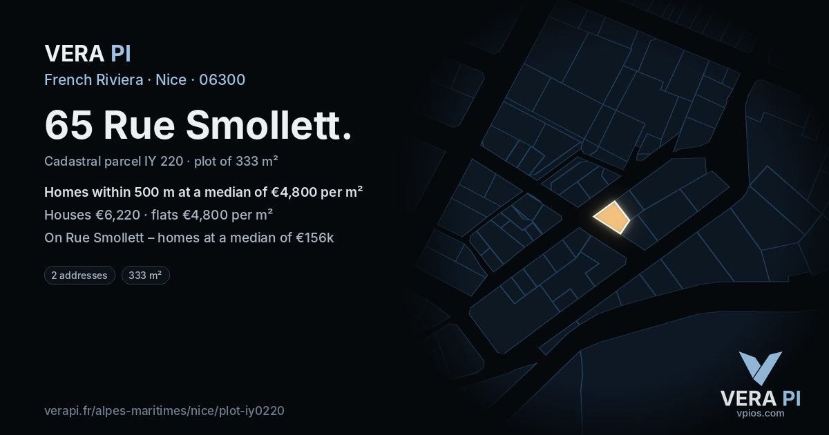 65 Rue Smollett, Nice at night – the plot lit, the parcels around coloured by the prices near them