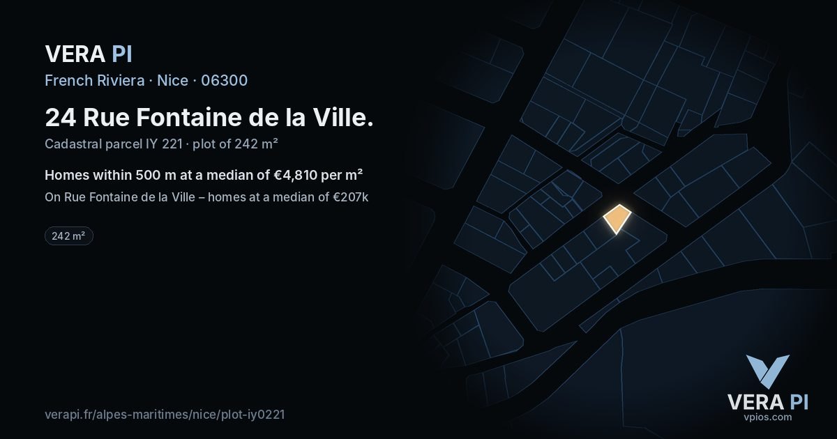 24 Rue Fontaine de la Ville, Nice at night – the plot lit, the parcels around coloured by the prices near them