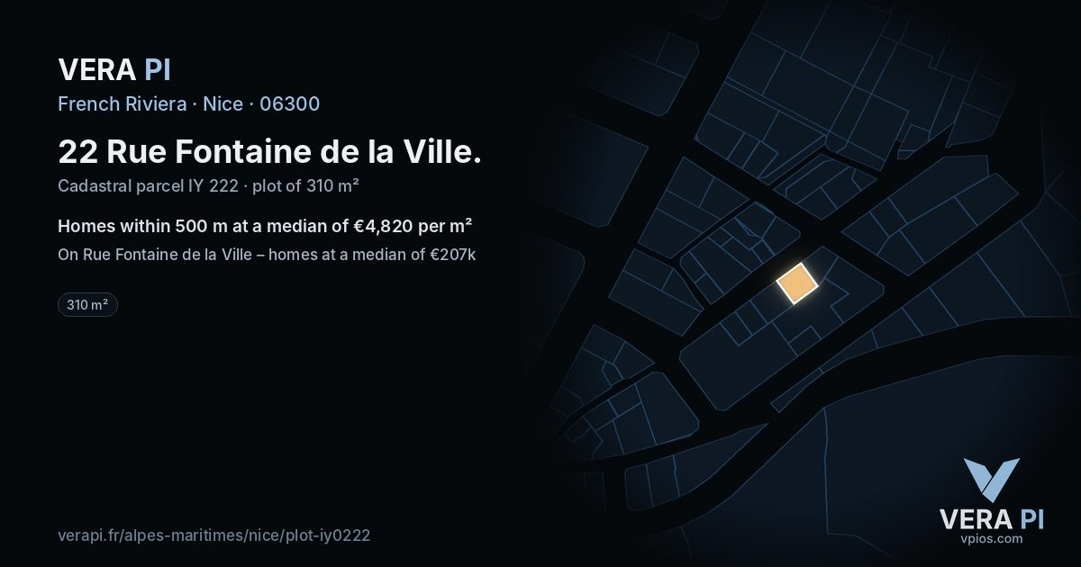 22 Rue Fontaine de la Ville, Nice at night – the plot lit, the parcels around coloured by the prices near them