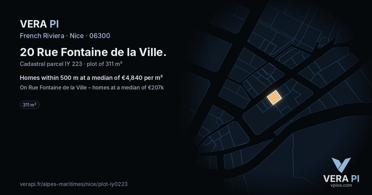 20 Rue Fontaine de la Ville, Nice at night – the plot lit, the parcels around coloured by the prices near them