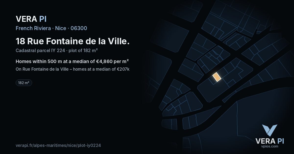 18 Rue Fontaine de la Ville, Nice at night – the plot lit, the parcels around coloured by the prices near them
