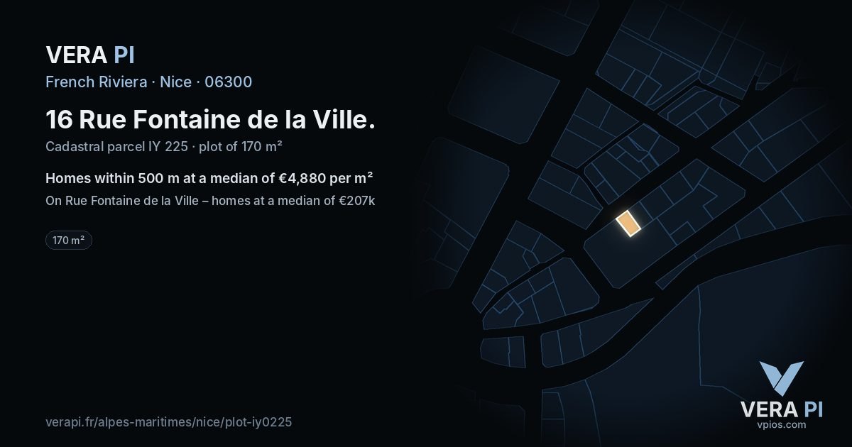 16 Rue Fontaine de la Ville, Nice at night – the plot lit, the parcels around coloured by the prices near them
