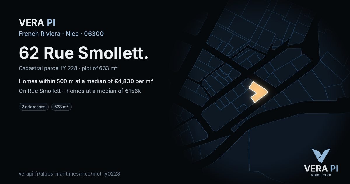 62 Rue Smollett, Nice at night – the plot lit, the parcels around coloured by the prices near them